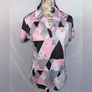 NWT: Sports Buff: Geometric Pink and Gray Golf Polo Shirt (v)